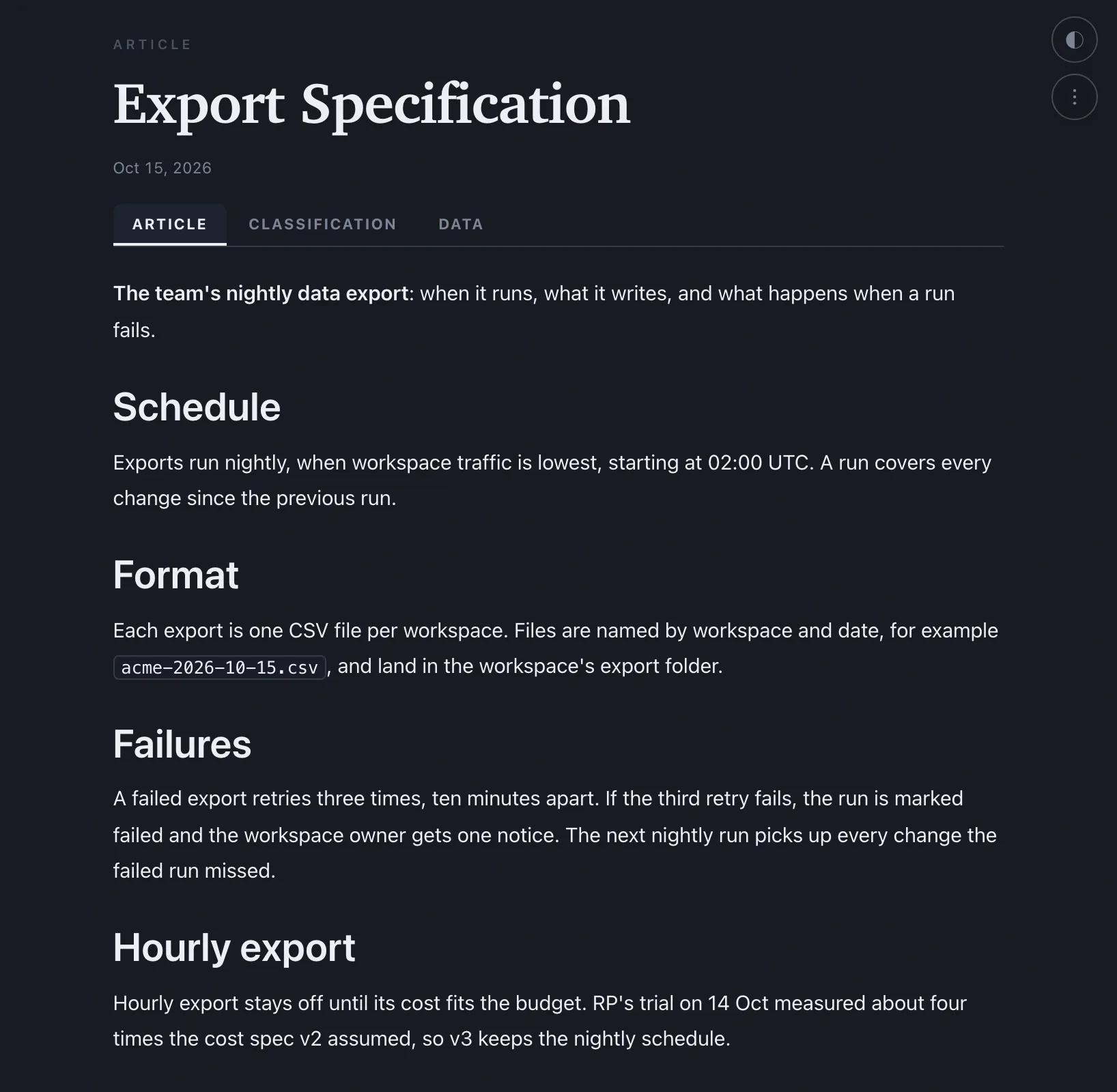 The Export Specification article in the Atlas, on its Article tab.