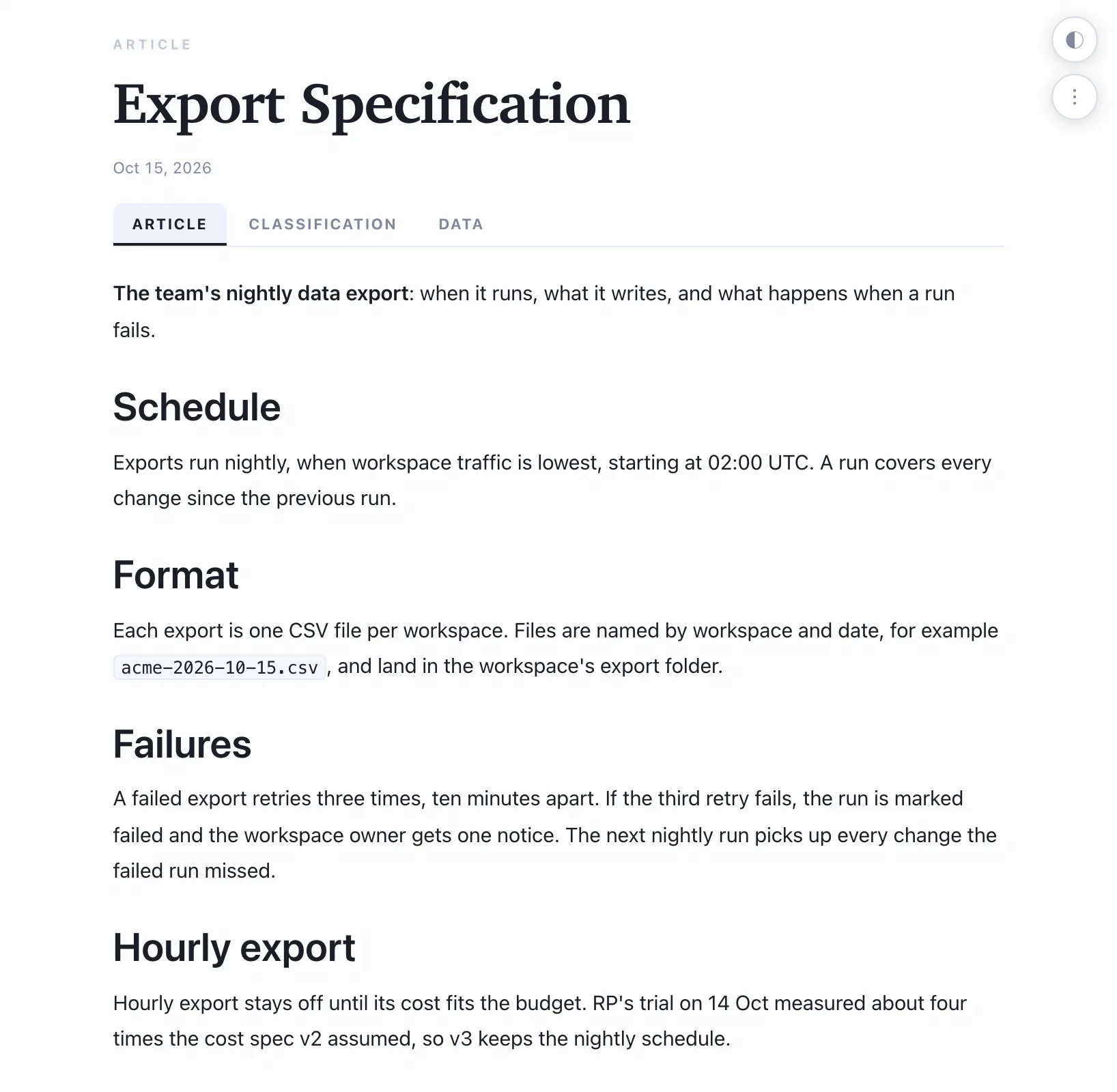The Export Specification article in the Atlas, on its Article tab.